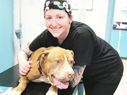 Dr. Kathleen Riley with her patient, a large bown and white dog named ‘KAMA’