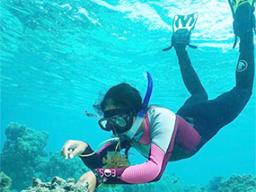 Molina swimming over a reef in snorkle gear