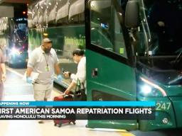 American Samoa residents arriving in buses at the Honolulu airport