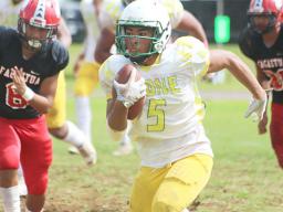 Freshman running back for the Leone Lions, Wylan Faga (5) breaking