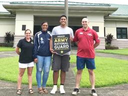 (l-r): MSG Sheri Hoddle, Tauaitala Leasiolagi (the first Am Samoan 2020 National Guard enlistment), Fotuoatua Afioa’e, and ORARNG American Samoa recruiter SFC Steve Mann