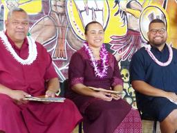 [l-r] Gov. Lemanu Peleti Palepoi Sialega Mauga, First Lady Ella Mauga and Bluesky Communications chief executive officer