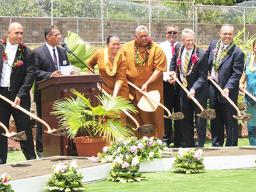 First Lady, Ella Perefoti Mauga (fourth from left) with Gov. Lemanu Peleti Mauga (fifth from left) and Elder K. Brett Nattress (sixth from left)
