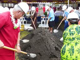 Gov. Lolo Matalasi Moliga, Police Commissioner Le’i Sonny Thompson, along with ASG officials turning the first shovels of dirt at ground breaking.