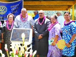 [l-r] Rotary Club of Pago Pago president Agnes Polu, Congresswoman Aumua Amata, Lt. Gov. Lemanu Palepoi Sialega Mauga, CCCAS Fagatogo Rev. Iasepi Ulu, Dept. of Human and Social Service official Lupe Sunia Fiso, a female guest, and Hawaiian Airlines representative Voloti Malietoa