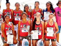 The nine-member Women's Under-18 Handball American Samoa team that will be competing in the 2018 Youth Olympics in October, in Buenos Aires, Argentina. The team is pictured with the American Samoa Handball Association president and coach, Carl Sagapolutele Floor Sr. (far right) at their new handball field next to Night Hawk Maliu Mai Resort.[photo: Leua Aiono Frost]