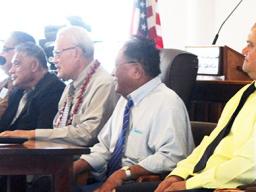 Health Department deputy director, Fara Utu, DoH Clinical director Dr. Saipale Fuimaono, acting Health director Motusa Tuileama Nua, Secretary of Samoan Affairs Mauga T. Asuega, LBJ hospital chief executive officer Faumuina John Faumuina, and DoH Senior Epidemiologist, Dr. Aifili John Tufa 