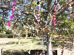 Garlands of more than 3,600 paper hearts on a walnut tree