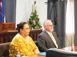 Port Administration Director Falenaoti S.A. Loi-On Fruean (left) and Governor’s Legal Counsel Terry Van Eaton