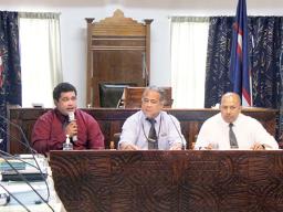 LBJ Board Chairman Dr. Malouamaua Tuiolosega, CEO Dr. Akapusi Ledua (right) and CFO Sefanaiya Kaumaitotoya testifying at the joint hearing of the Fono’s Budget and Appropriation Committee.  [photo: Asi A. Fa’asau]