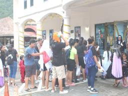 Halloween tricksters lined up outside the Jean P. Haydon Museum 