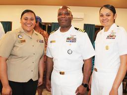 Command Master Chief Josephine Tauoa (right) with Captain Tommy Edgeworth  and Navy Recruiter Nofo Alesana
