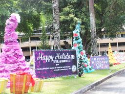 Christmas trees and decorations on EOB lawn