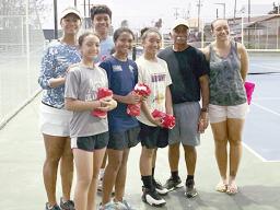 Standing from L-R back: Francine Amoa (Traveling coach), Aifili Tamasoali'i, (front) Joelei Ioane, Alexandria Amoa, Aitulagi Godinet, Head Coach Dave Godinet and coach Florence Wasko.
