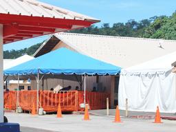 The LBJ COVID-19 triage tents set up in front of the hospital