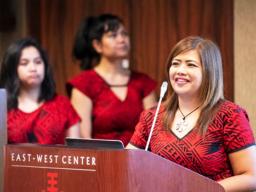 Rodalyn Gerardo (Guam), at podium, Sherlyn Reynold (Chuuk) and Katrina Hunkin-Seumanutafa (American Samoa)
