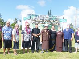 Gov. Lolo Matalasi Moliga (7th from left), along with G.H.C. Reid & Company Ltd. board chair, Olivia Reid, First Lady Cynthia Malala Moliga and others pose for a group photo