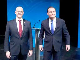 Utah Sen. Mike Lee, right, and his challenger Evan McMullin