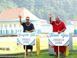 Governor-elect, Lt. Gov. Lemanu Palepoi Sialega Mauga and Lt. governor-elect, Talauega Eleasalo Va’alele Ale waving thank you to voters