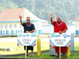 Governor-elect, Lt. Gov. Lemanu Palepoi Sialega Mauga and Lt. governor-elect, Talauega Eleasalo Va’alele Ale (left) in a file photo waving