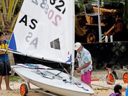 Leo Young and Jim McGuire securing Leo's Laser sailboat