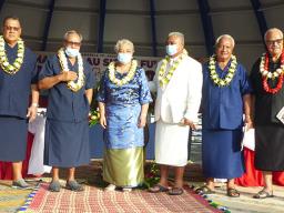 [l-r] Senate President Gaoteote Palaie Tofau, Gov. Lolo Matalasi Moliga, First Lady Cynthia Malala Moliga, the Rev Elder Fa’aetete Saifoloi, House Speaker Savali Talavou Ale, and Secretary of Samoan Affairs Mauga Tasi Asuega