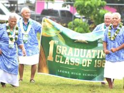 Pictured (l–r): Mrs. Emi Faoliu, Ilaoa Kenape Aumavae, Gago Faatafa Gago, and Senator Atualevao Asifoa.
