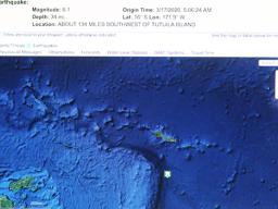 Screen shot of the US Tsunami Warning System website page, shows the location — the dot — of an earthquake with a preliminary magnitude of 6.1 