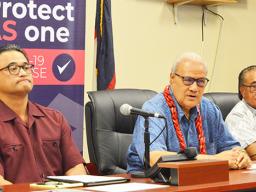 l-f: Acting Governor and Task Force Chairman, Talauega Eleasalo Ale; Paramount Chief Mauga Tasi Asuega and  LBJ CEO, Faumuina T. Faumuina.