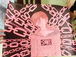 While there is no explanation or description with this artwork — interpretation of one viewer saw the hot pink color of a child’s danger, chain… chain… chain of fools … binding ourselves from without and within