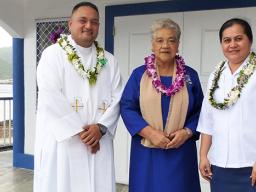 [l-r] Father Pio Afo, First Lady Cynthia Malala Moliga and Christina Fualaau