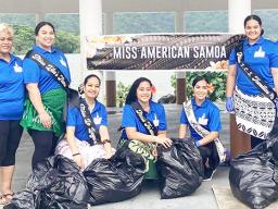 Mrs. Meafou Imo, MASI president and Miss American Samoa Kauhani Fuimaono, along with MASI members. They are: Contestant #1- Ms. Kiahna Feagaiga Safuiono Siufanua, #2- Ms. Nelda Mareko-, #3- Ms. Judy Fa’afetai Tauanu’u, Contestant #4- Ms. Tatiana Tiare Tausala Tupua
