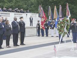 President Joe Biden, left, joined by, from left, Vice President Kamala Harris, Defense Secretary Lloyd Austin and Army Major Gen. Trevor Bradenkamp