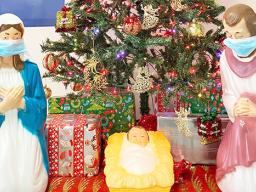 Nativity Scene in front of a Christmas Tree