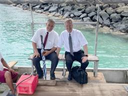 Church Elder K. Brett Nattress (right), from the Pacific Area Presidency, and Church President Sonny Aiono 