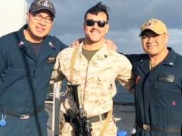 (l-r) ET1 (SW) Electronics Technician First Class Fiafia D. Sunia, SSgt Argiroudis Aristides, and MM3 (Machinists Mate Third Class) James Amuimuia