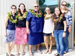 (R- L) Caroline Tuiolosega (PHS Director), Meredith Acly (PHS Board Secretary), Mapu Jamias (MJ Construction & Maintenance- center), Debbs Cox (PHS PTO President), Karen Dizon (PHS Deputy Director), Sonja Stanley (PHS Board Chair