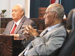 Police Commissioner, Lefiti Atiulagi Pese (left) and Sen. Soliai Tuipine Fuimaono (right) 