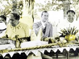 Queen Elizabeth II in Tonga with Queen Salote, Prince Phillip and then-Crown Prince Tungi
