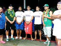 Talavalu players, with head coach Tommy Elisara (far right) and team manager Annie Coffin (far left).