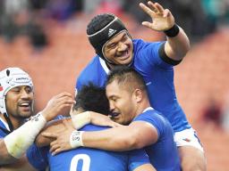 Samoa celebrates a try against Tonga.