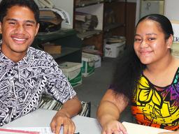 Iven Holi (left) of Matu’u/Faganeanea and Saafi Tamaalemalo of Pago Pago are Samoa News interns in the Summer Youth Employment Program.