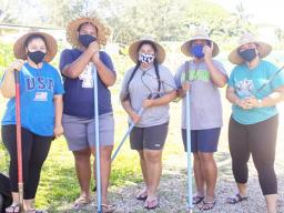 Left to right: Samoan student workers Marleiziah Peseta, Bitner Lameta, Bethlyn Laurenson, Angel Fafai and Ana Esa