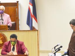 Savali Talavou Ale (left) is seen wearing a face mask speaking to the Vice Speaker of the House, Fetu Fetui Jr (right) 