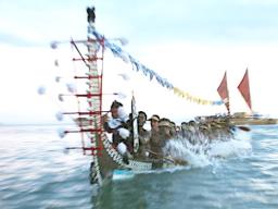 A traditional war canoe, Tomoko, from Roviana in the Western Solomons participates in the Pacific flotilla at the opening of the 11th Festival of Pacific Arts in Honiara. June 2012.  American Samoa hosted in 2008 and Hawaiʻi will be hosting in 2020. 