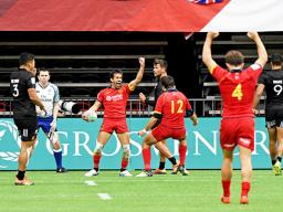 Spain’s Pol Pla celebrates his try 