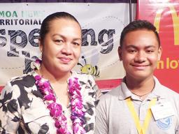 2019 Samoa News Spelling Bee winner, MaoZache Taufete'e with McDonald's American Samoa official, Carol Tautolo Samuelu