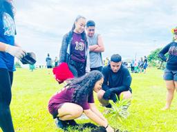 A student planing a tree while others look on.