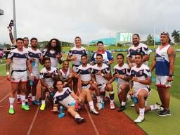 Team Talavalu after playing their last match of the Oceania Sevens Championships Day 1 Pool C.