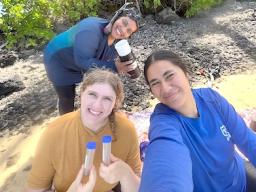 Talofa Fe’a (front right) on a microalgae sampling trip in American Samoa — with Ella Ashford (front left), a 2023 Hollings scholar, and Valentine Vaeoso (back), a staff member at National Park of American Samoa.  Ms Fe’a is a 2024 EPP/MSI summer intern with the National Marine Sanctuary of American Samoa and University of Hawai'i Sea Grant. She studied the risk of ciguatera poisoning in American Samoa. Image credit: Talofa Fe’a]